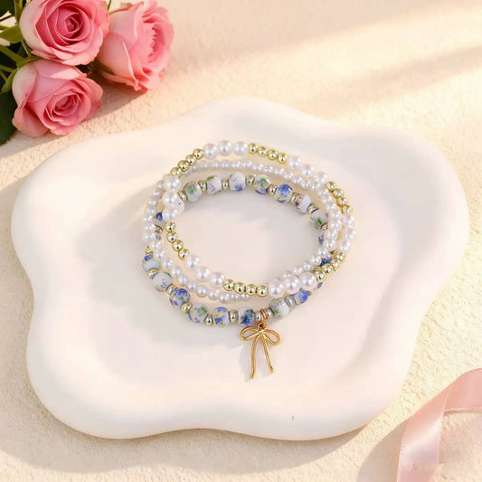 Pearl & Floral Beaded Bracelet Set