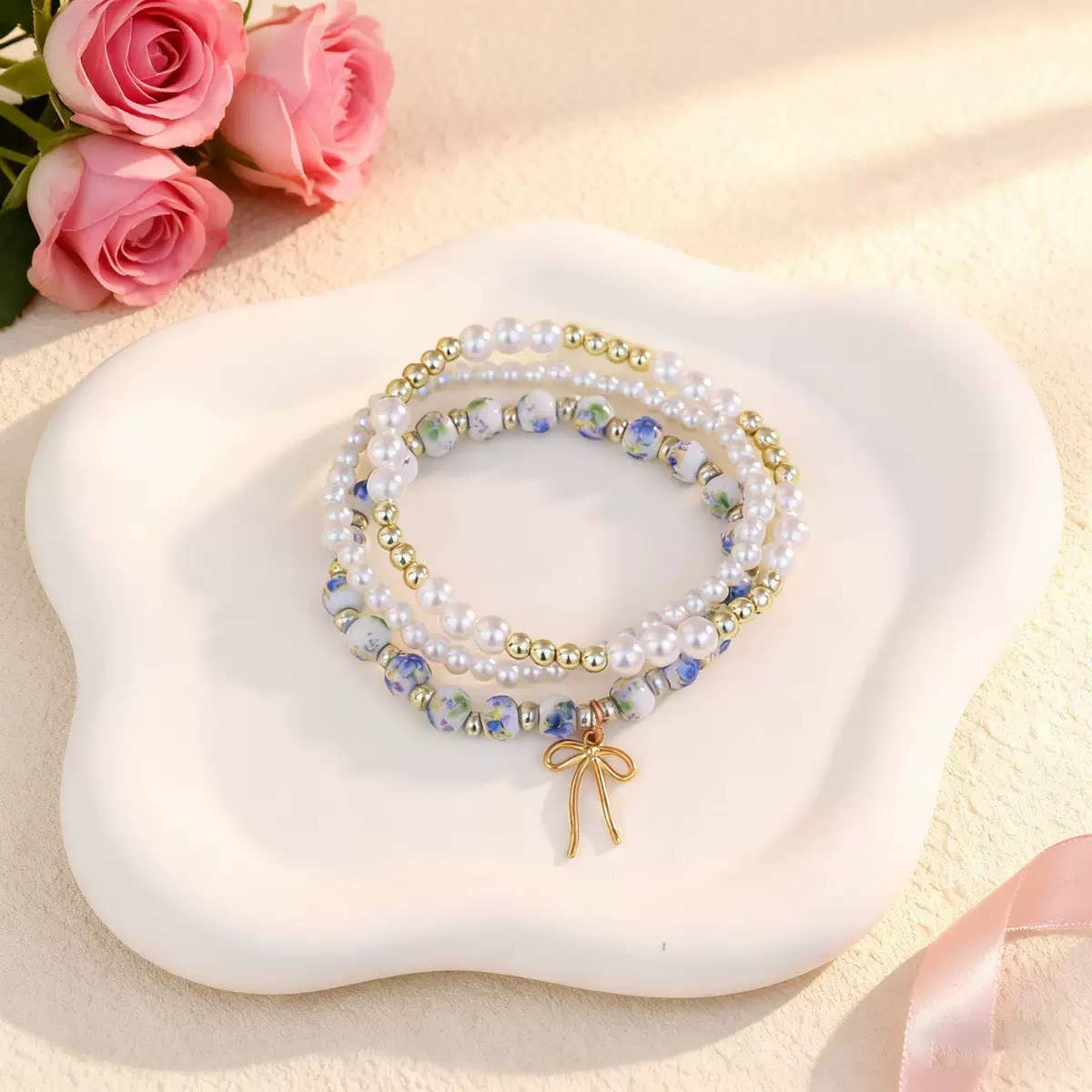 Pearl & Floral Beaded Bracelet Set