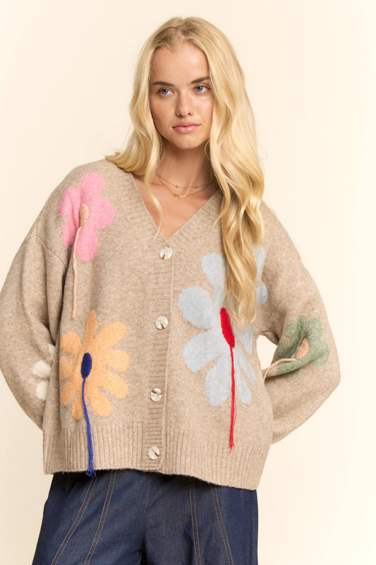 3D Flower Button-Front Knit Cardigan