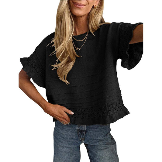 Boho Knit Casual Eyelet Ruffle Sleeve Top