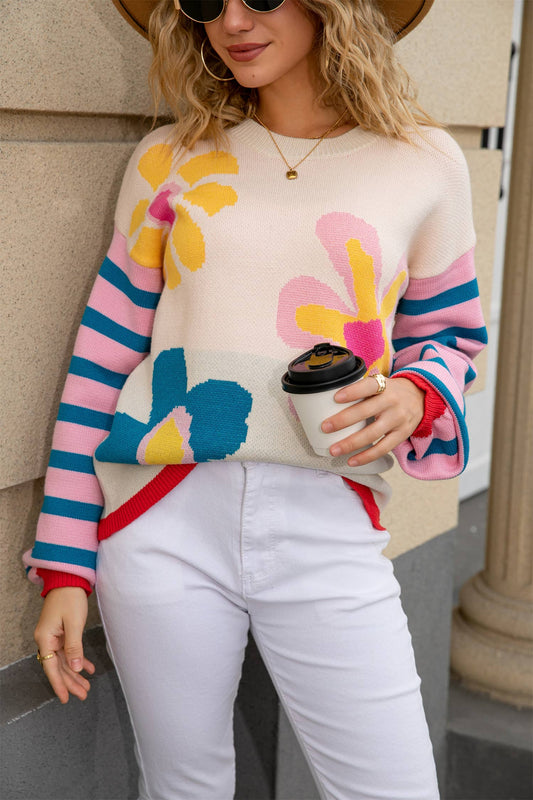Floral Crewneck Sweater with Striped Sleeves
