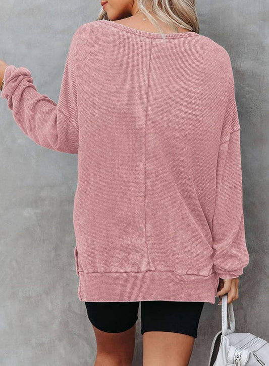 Solid Waffle Oversized Drop Shoulder Top