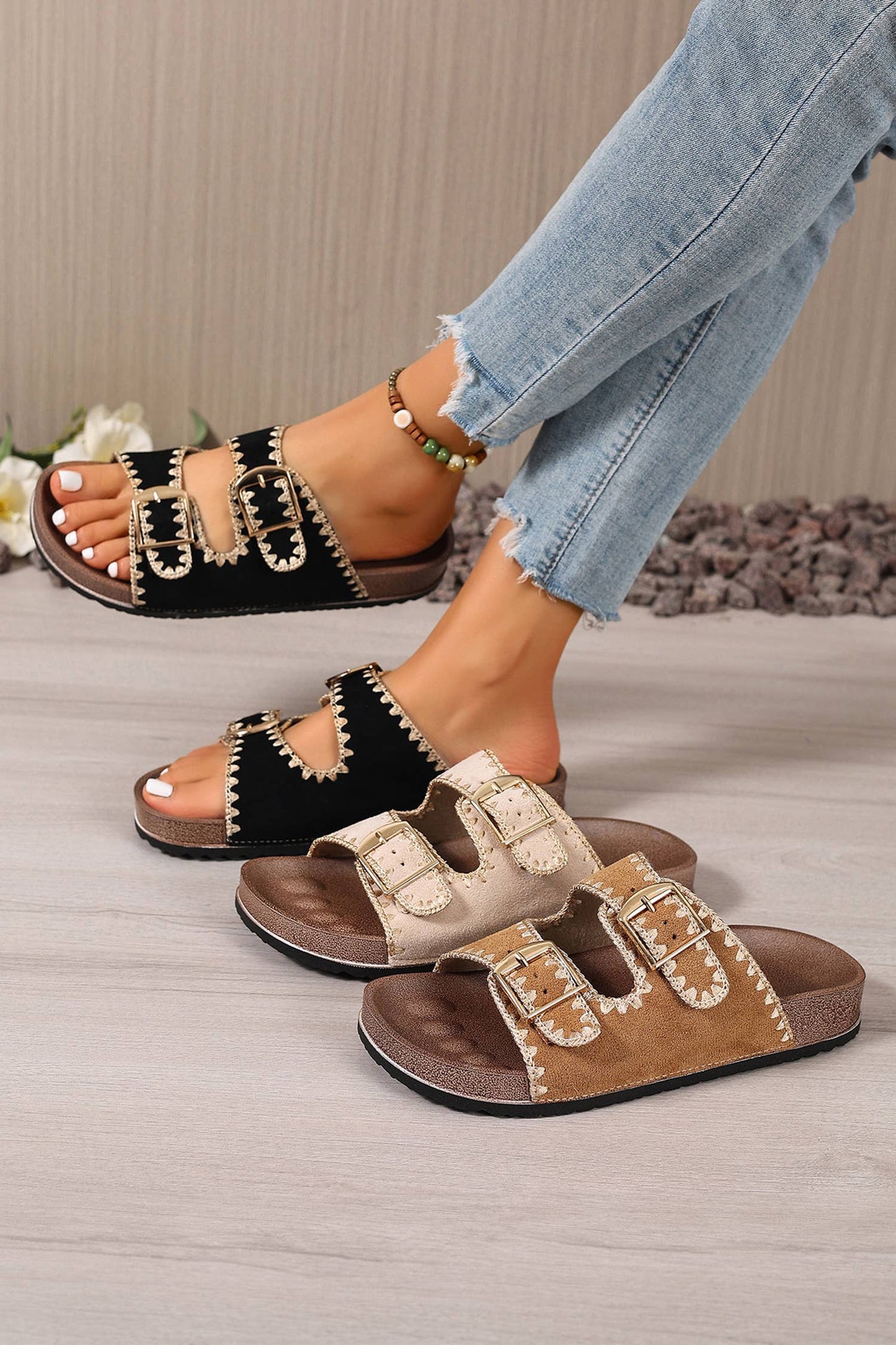 Embroidered Trim Suede Slippers