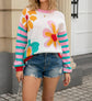 Floral Crewneck Sweater with Striped Sleeves