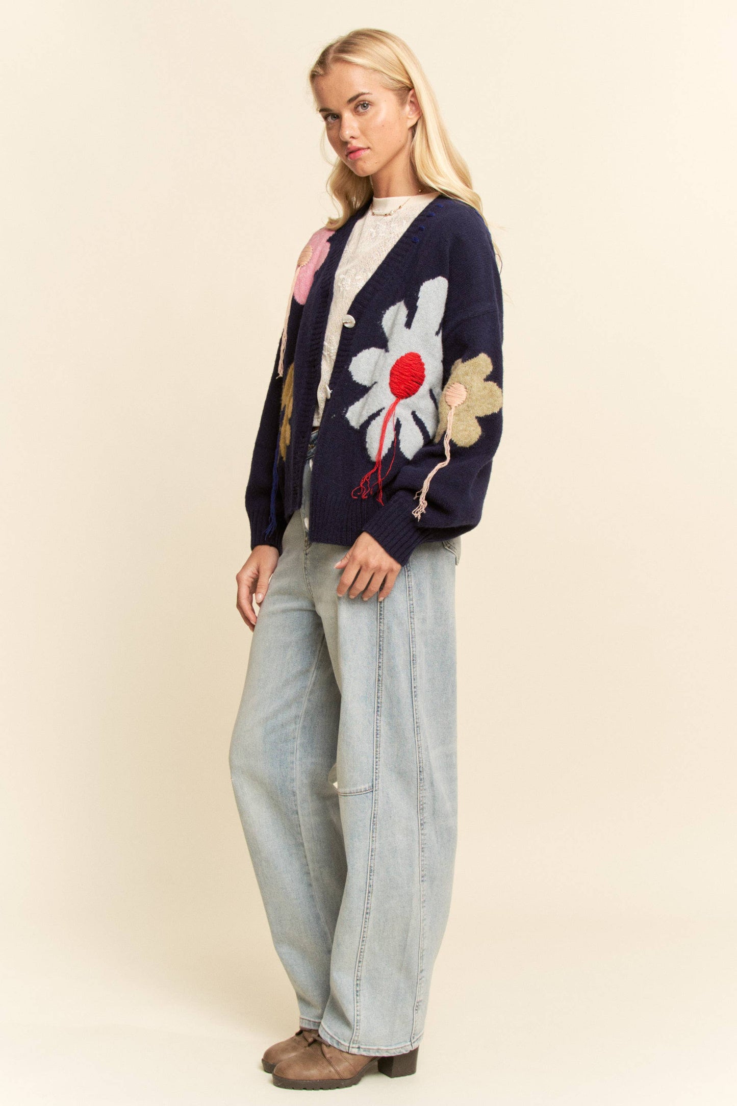 3D Flower Button-Front Knit Cardigan