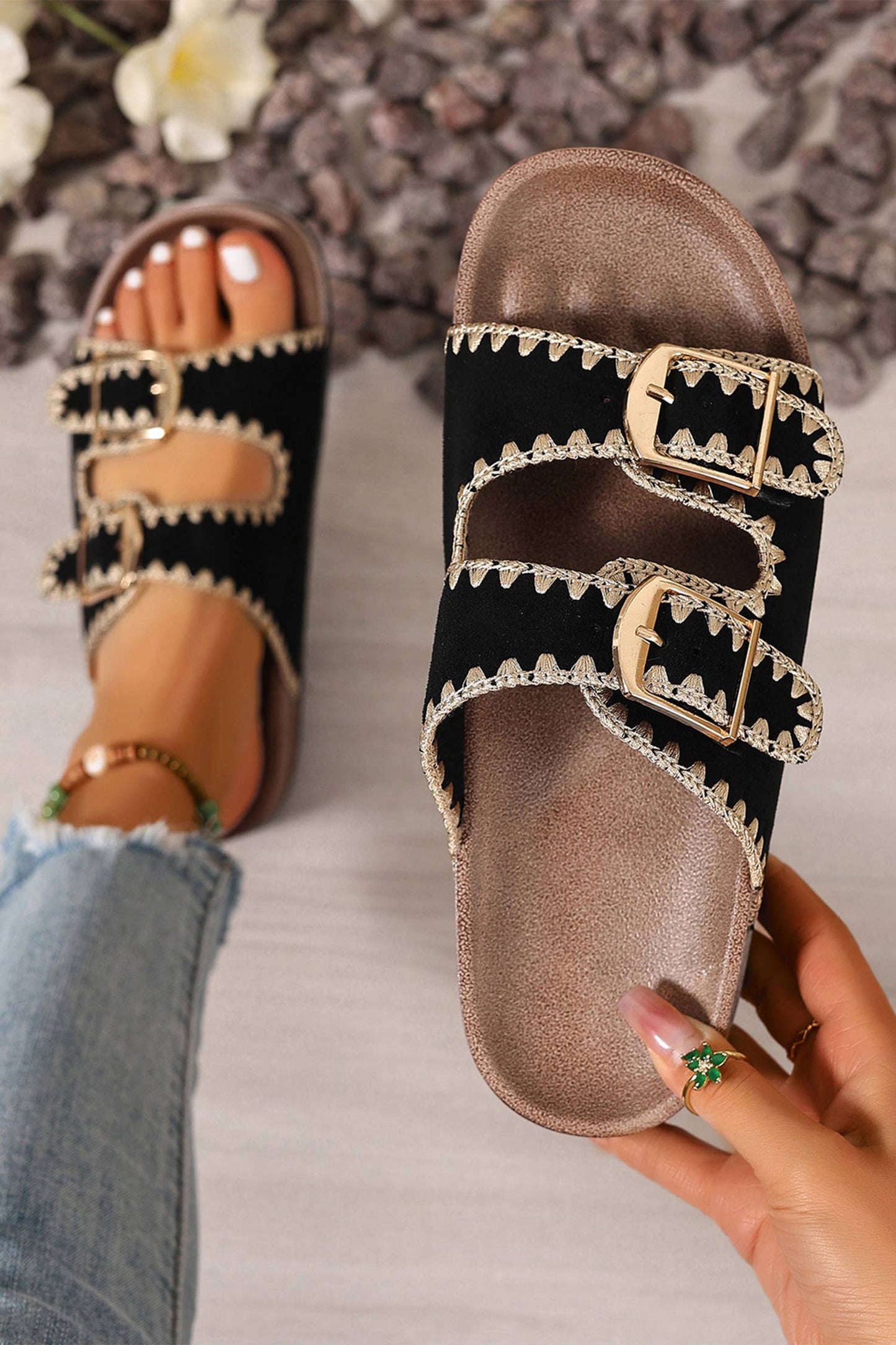 Embroidered Trim Suede Slippers