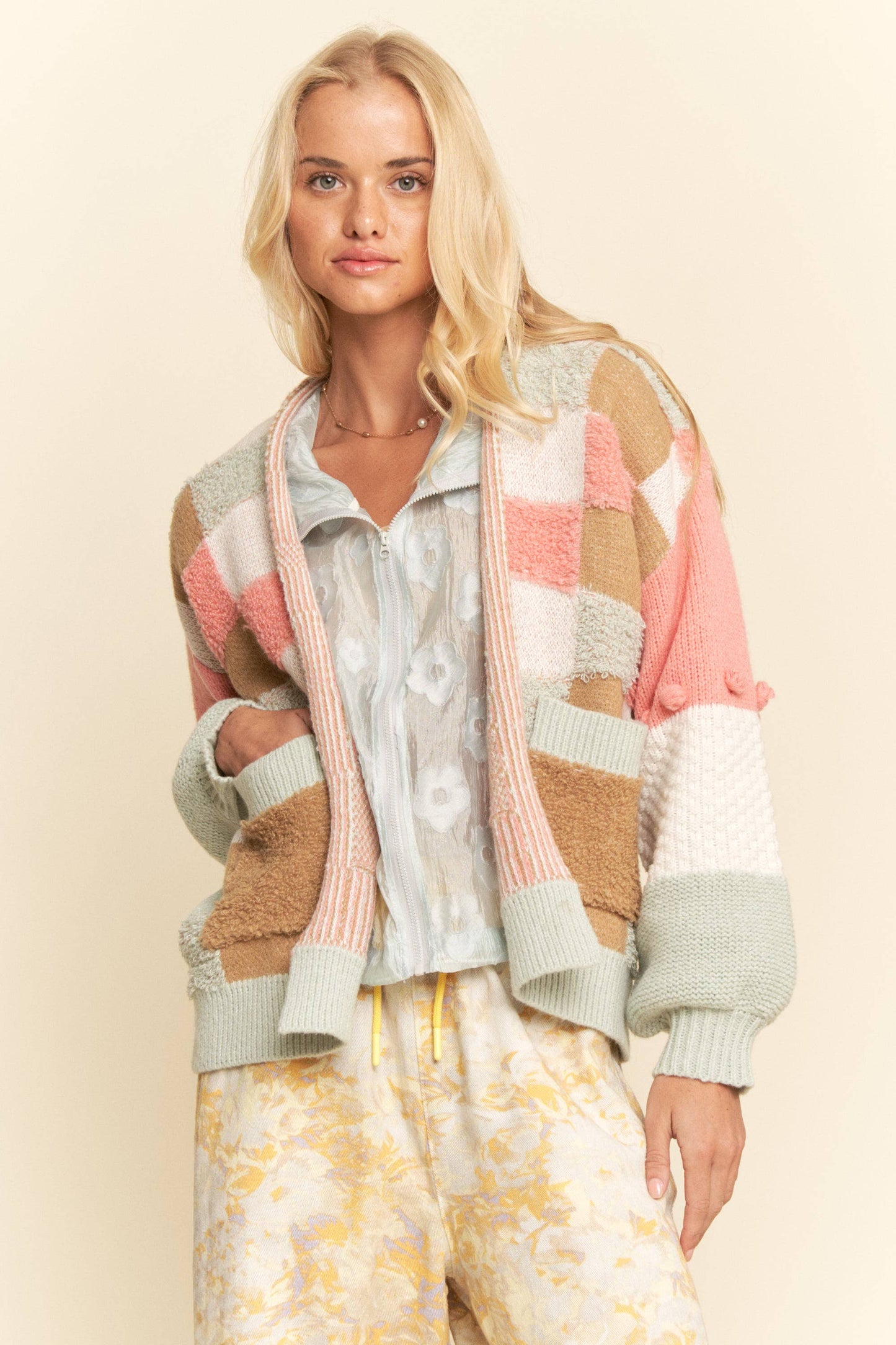 Checkered Patchwork Textured Knit Cardigan