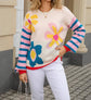 Floral Crewneck Sweater with Striped Sleeves