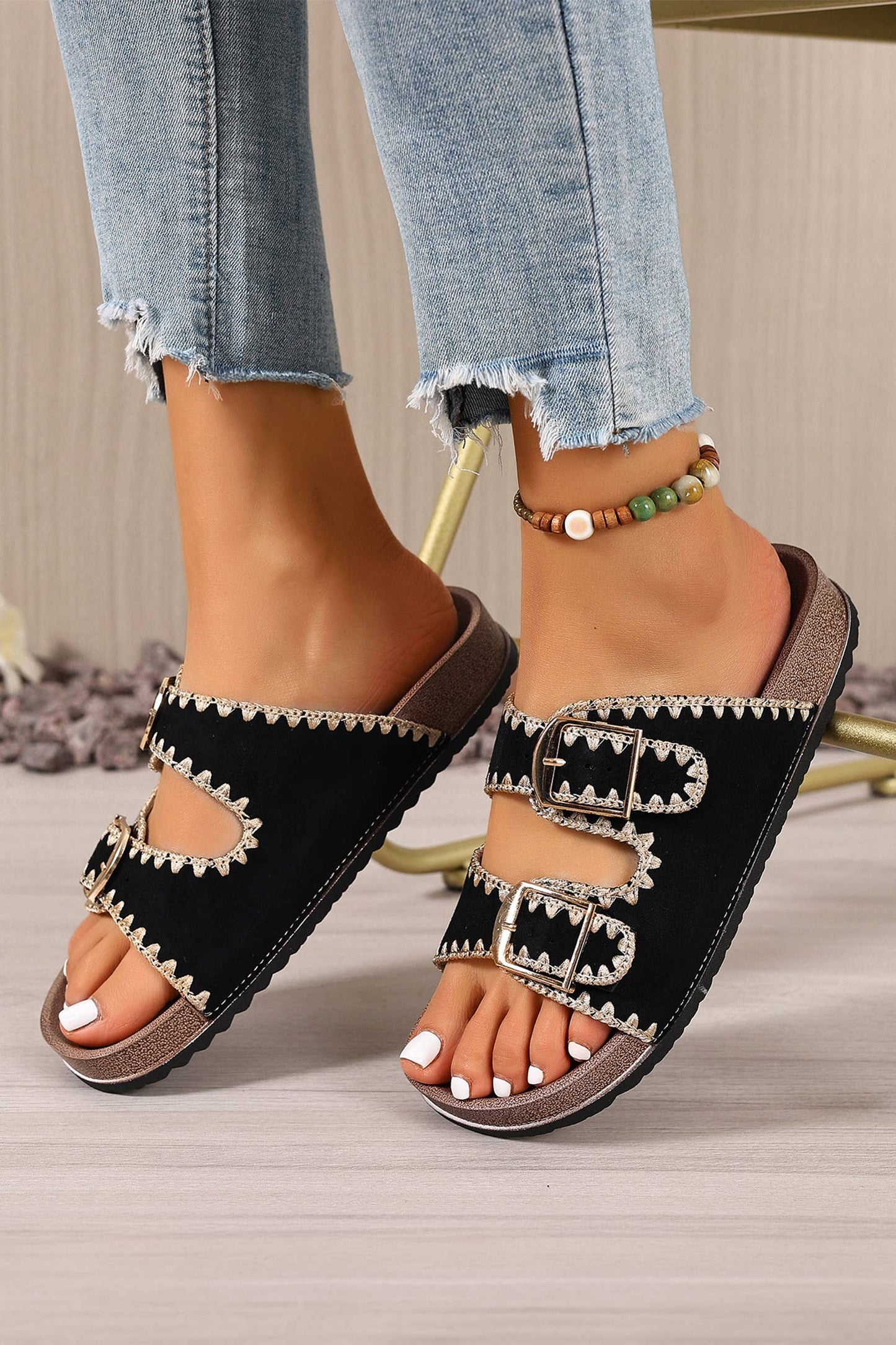 Embroidered Trim Suede Slippers