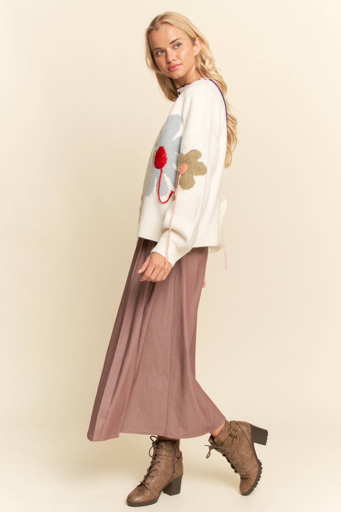 3D Flower Button-Front Knit Cardigan