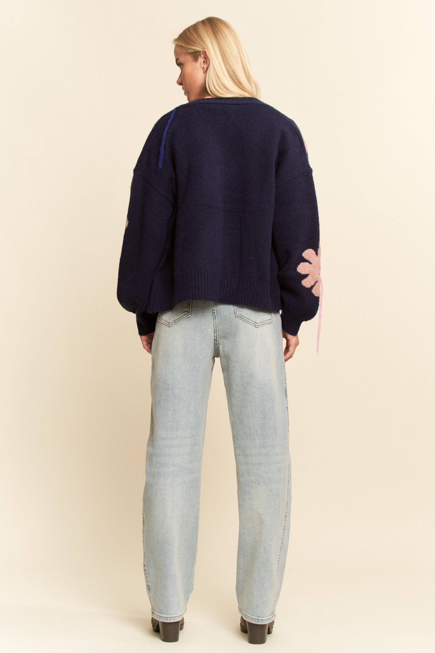 3D Flower Button-Front Knit Cardigan