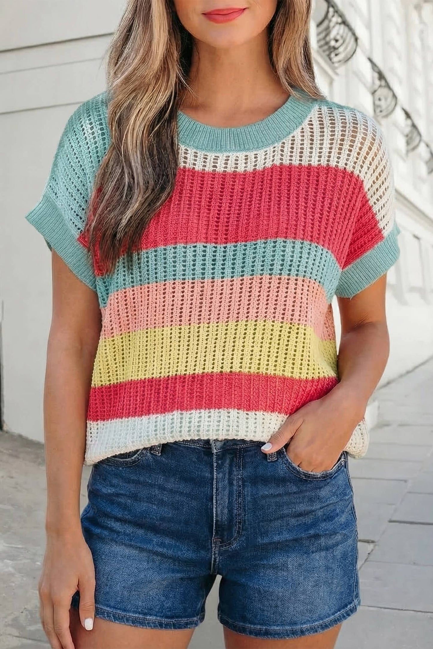 Colorblock Knit Short Sleeve Sweater