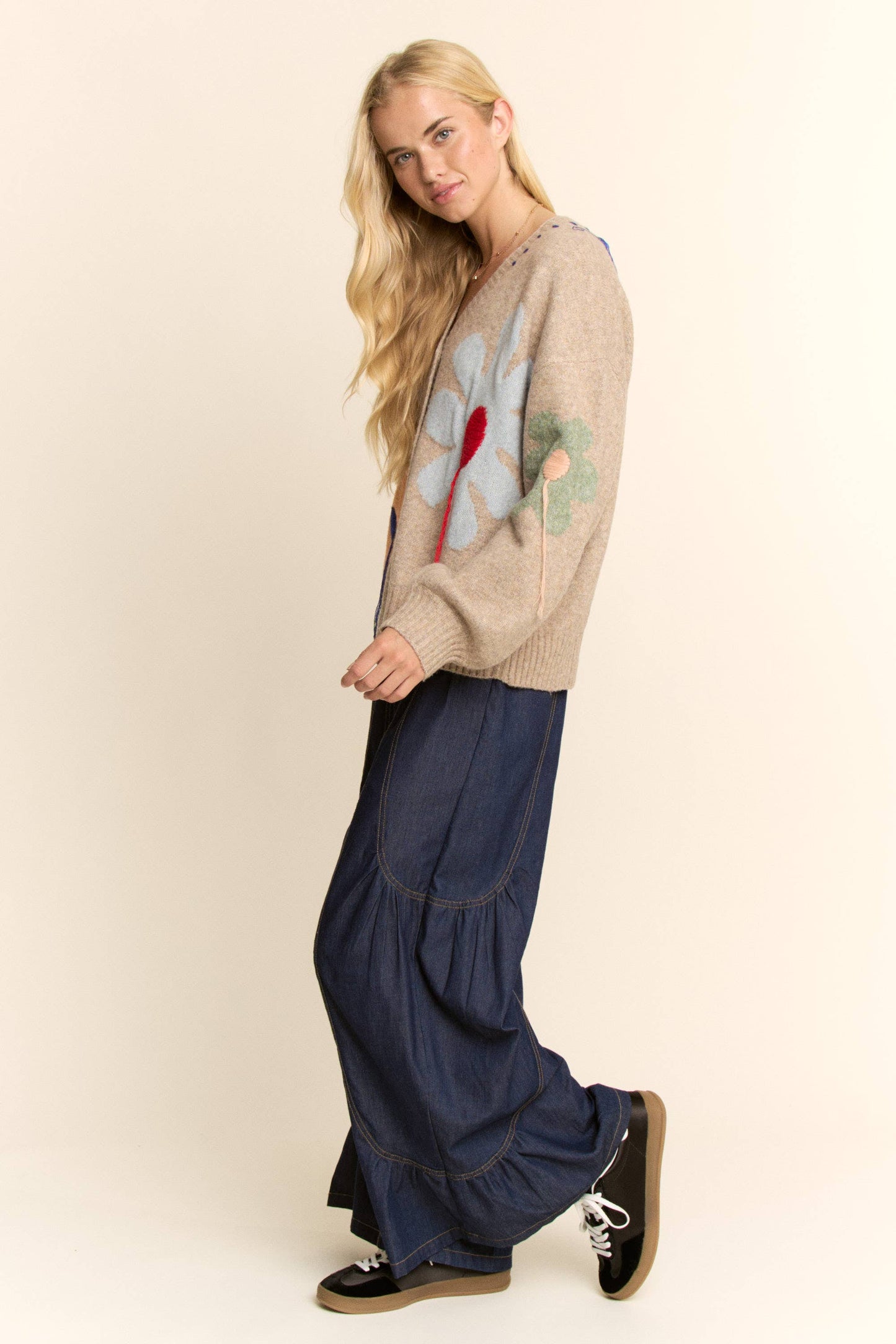 3D Flower Button-Front Knit Cardigan