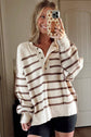 Brown Stripe Ribbed Henley Sweater