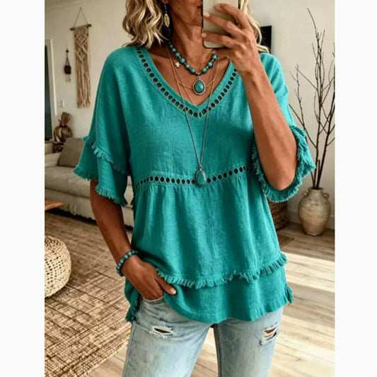 Boho Eyelet Trim Ruffle Sleeve Blouse