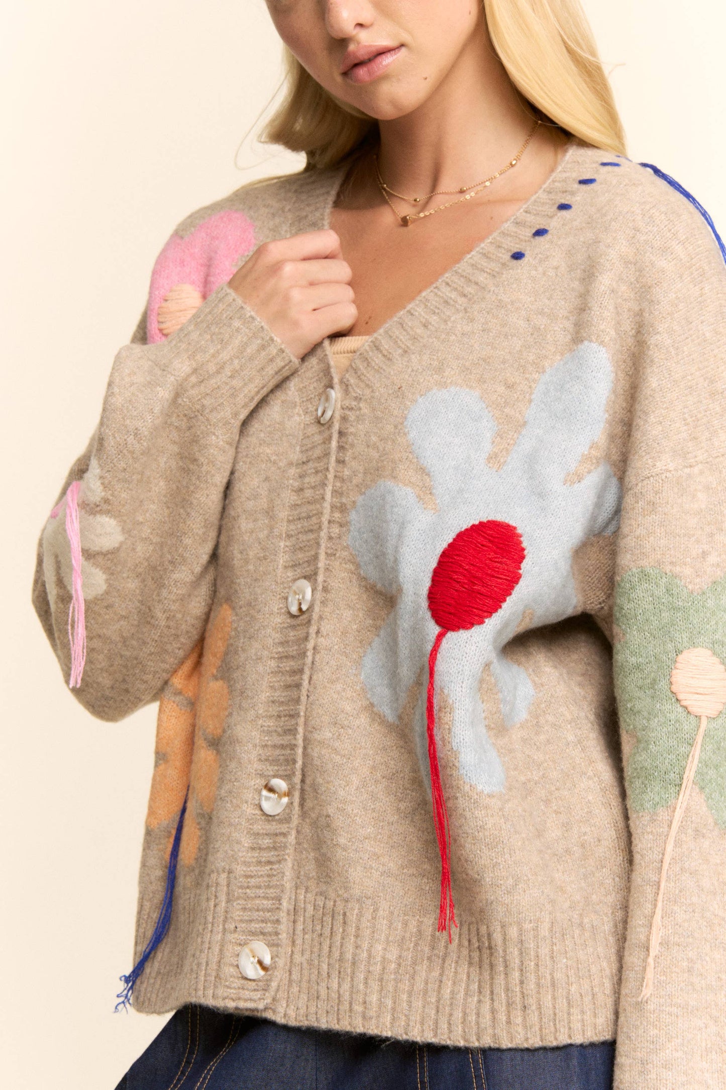 3D Flower Button-Front Knit Cardigan