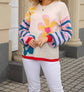 Floral Crewneck Sweater with Striped Sleeves