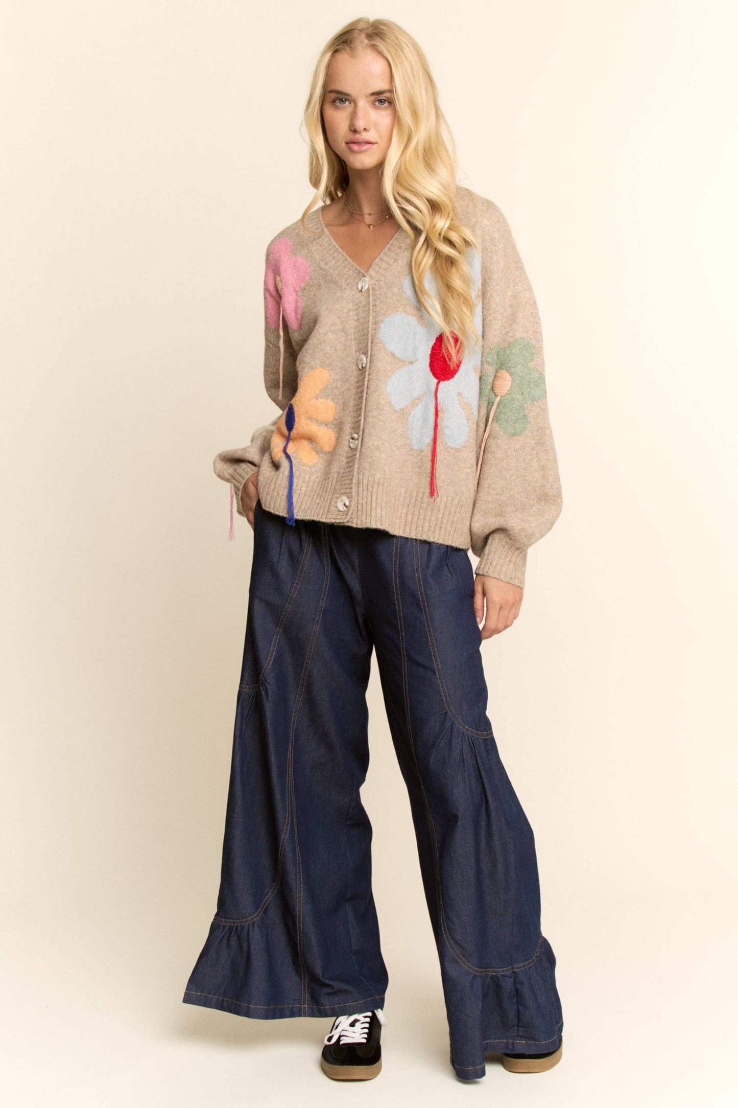 3D Flower Button-Front Knit Cardigan