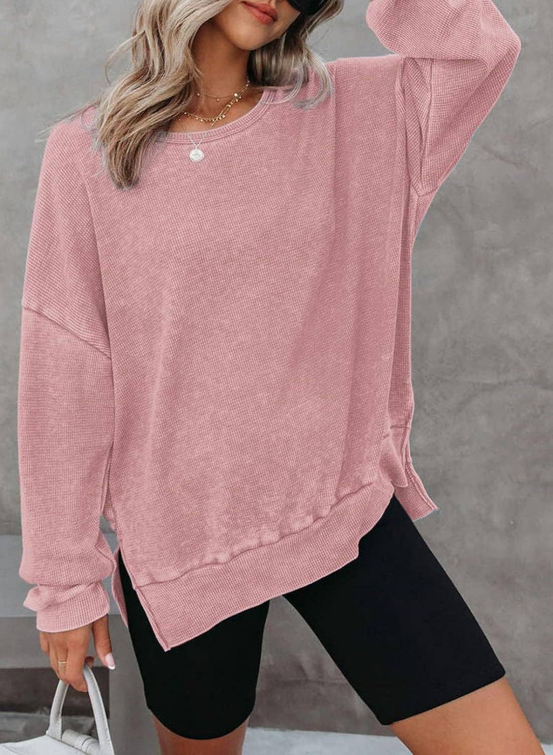 Solid Waffle Oversized Drop Shoulder Top