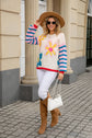 Floral Crewneck Sweater with Striped Sleeves