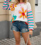 Floral Crewneck Sweater with Striped Sleeves