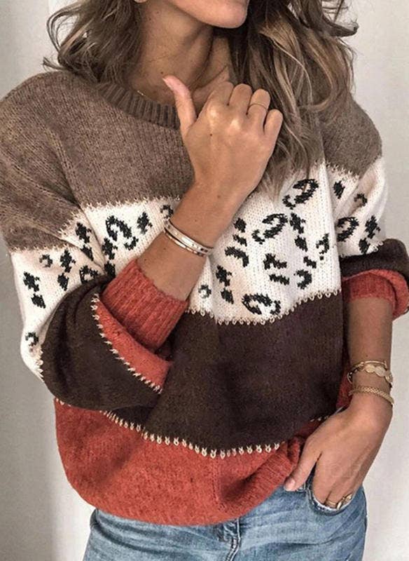 Leopard Print Patchwork Knit Pullover