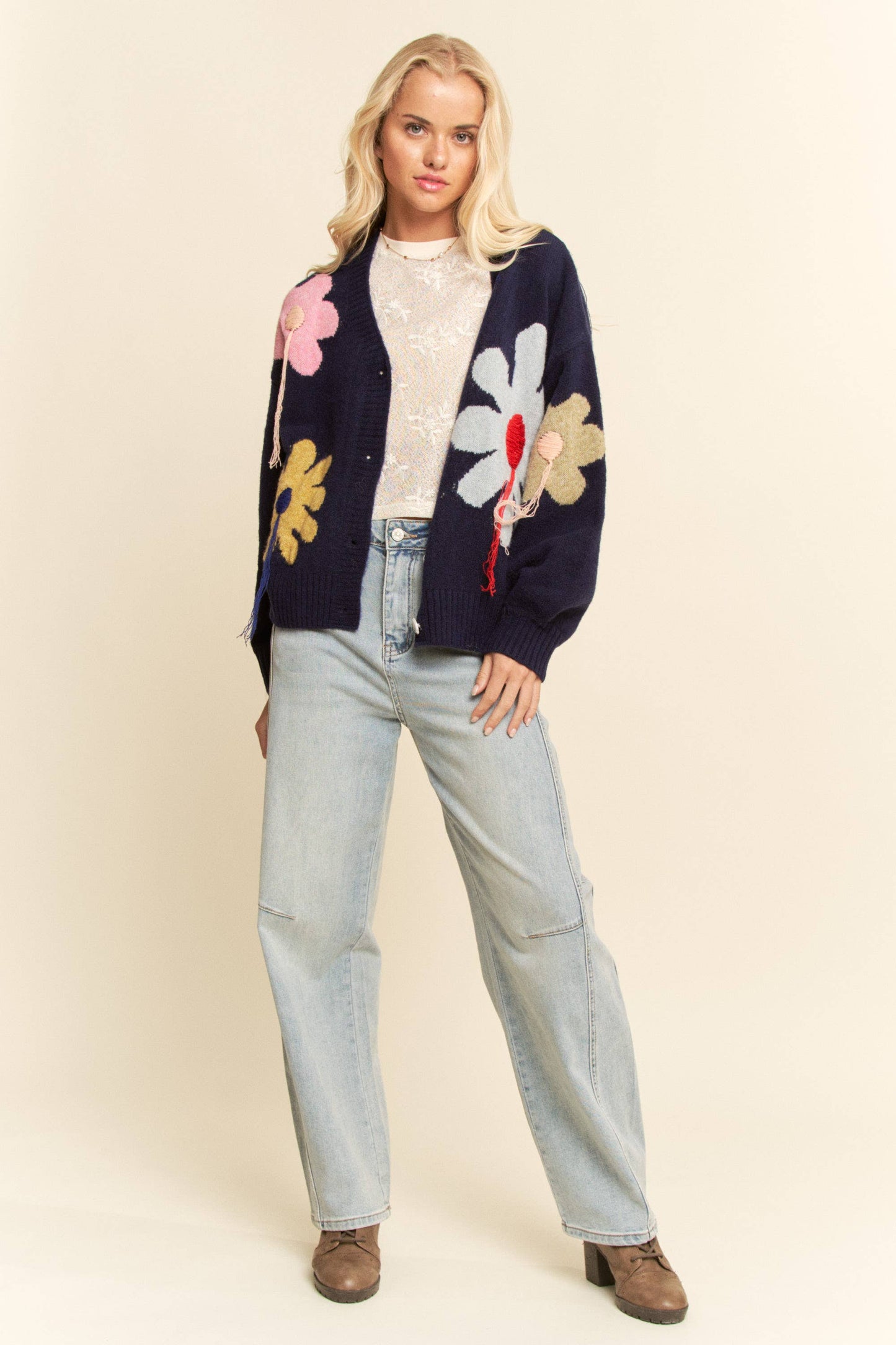 3D Flower Button-Front Knit Cardigan