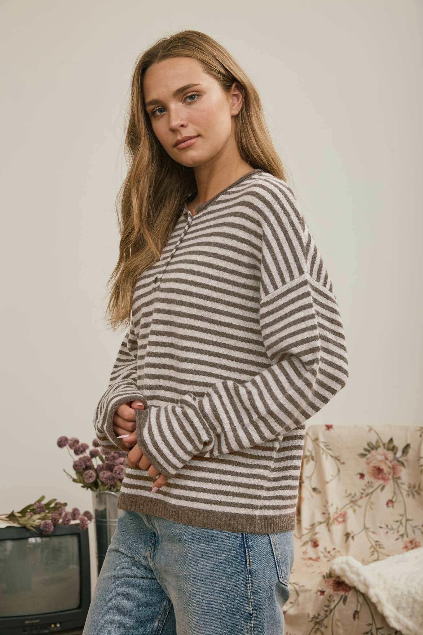 Button Henley Stripe Sweater