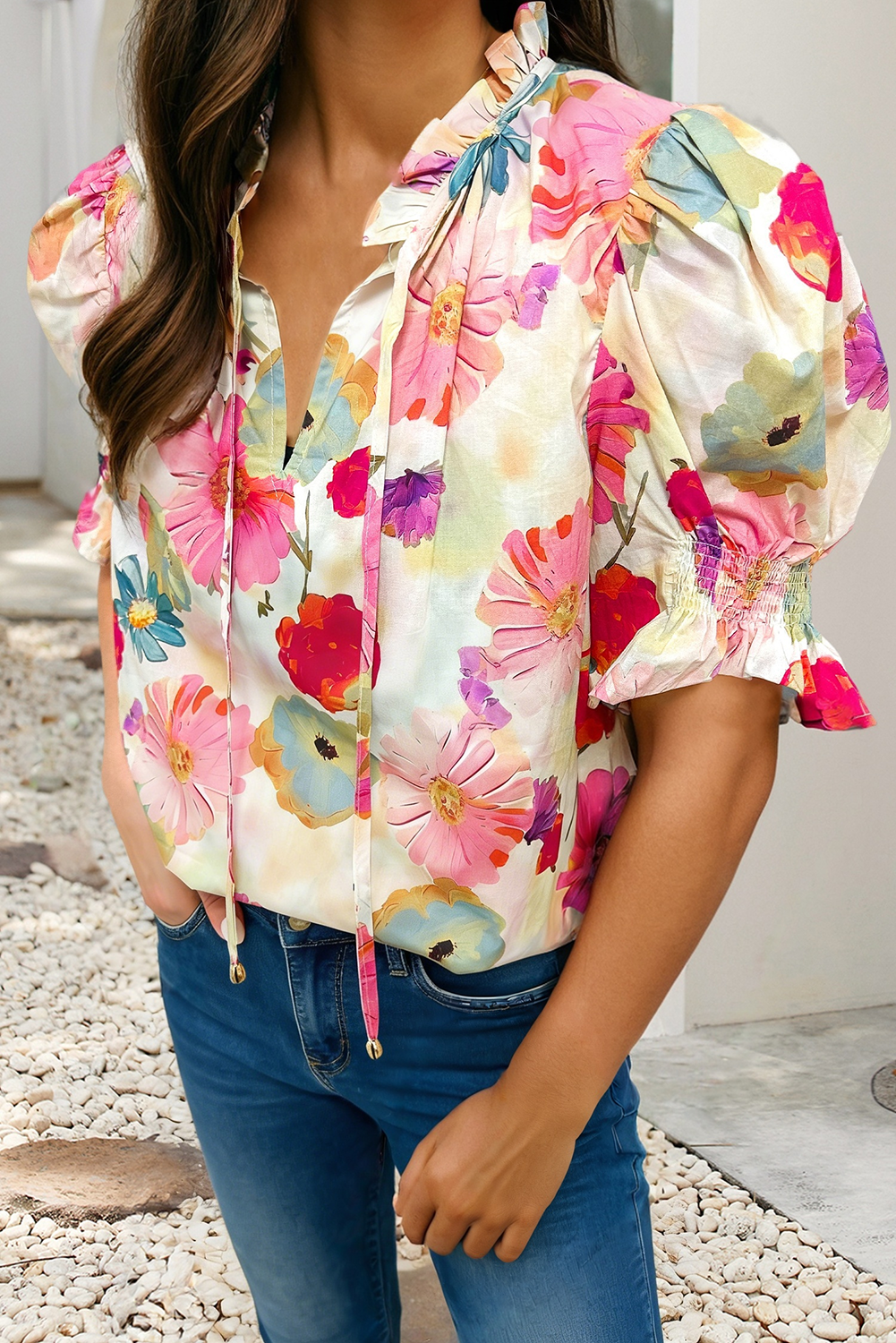 Floral Tie Smocking Sleeve Blouse