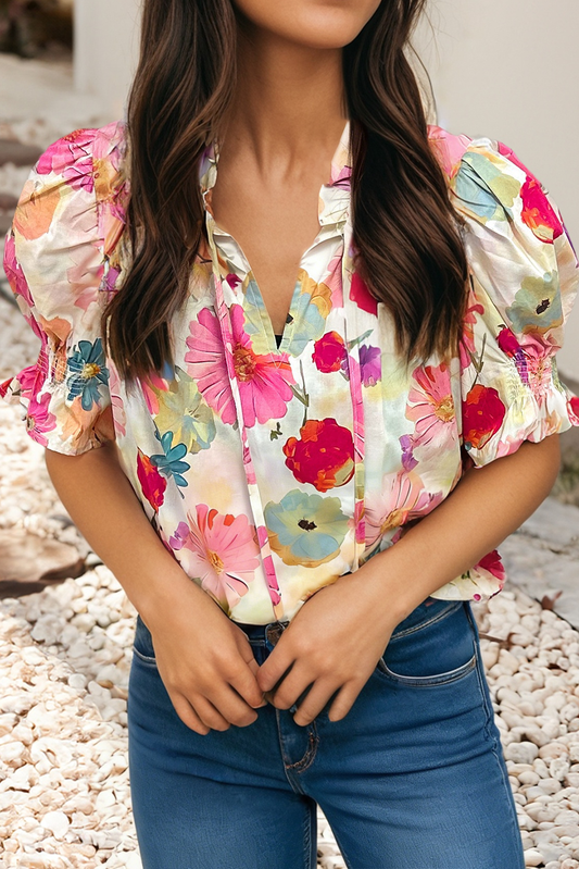 Floral Tie Smocking Sleeve Blouse