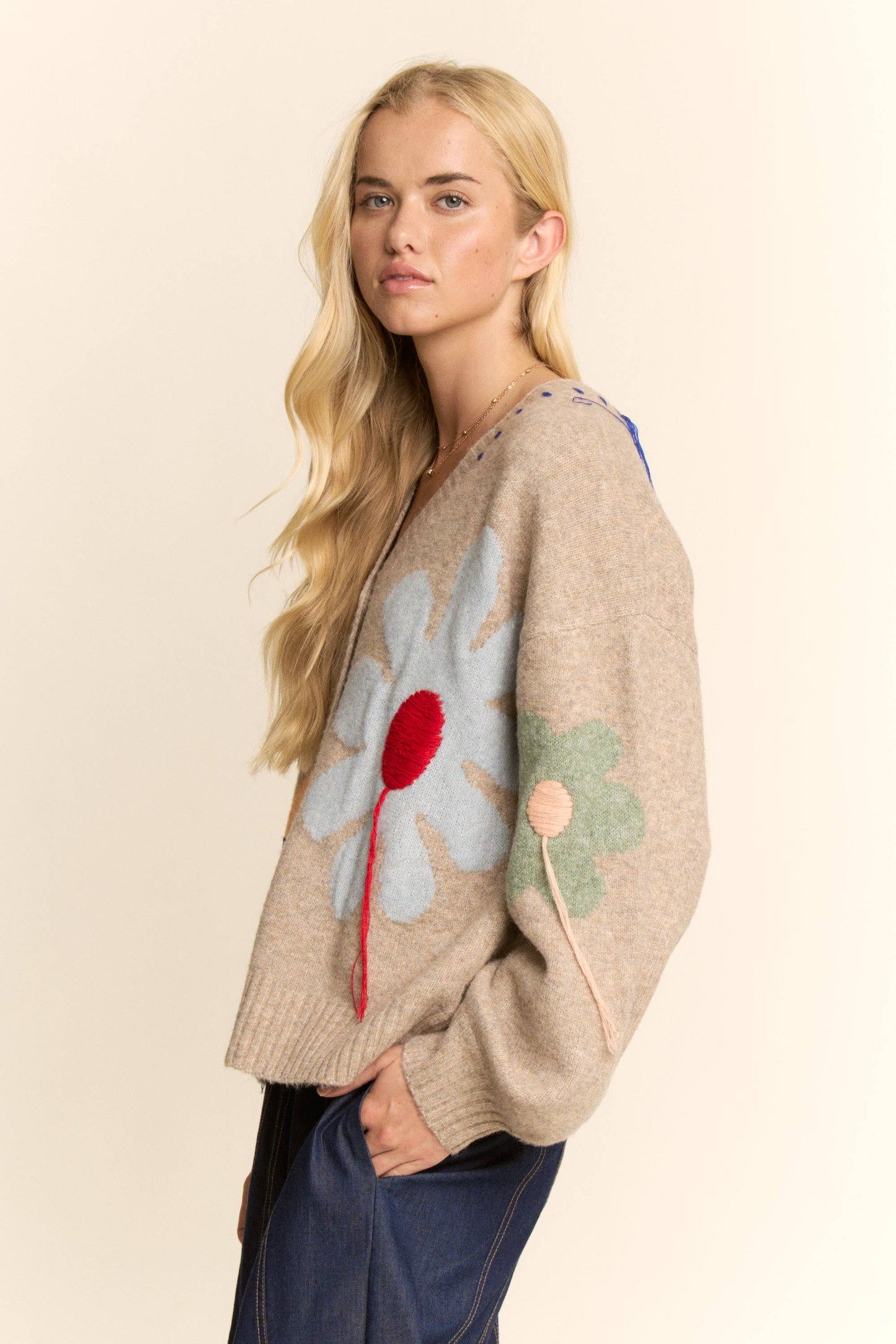3D Flower Button-Front Knit Cardigan