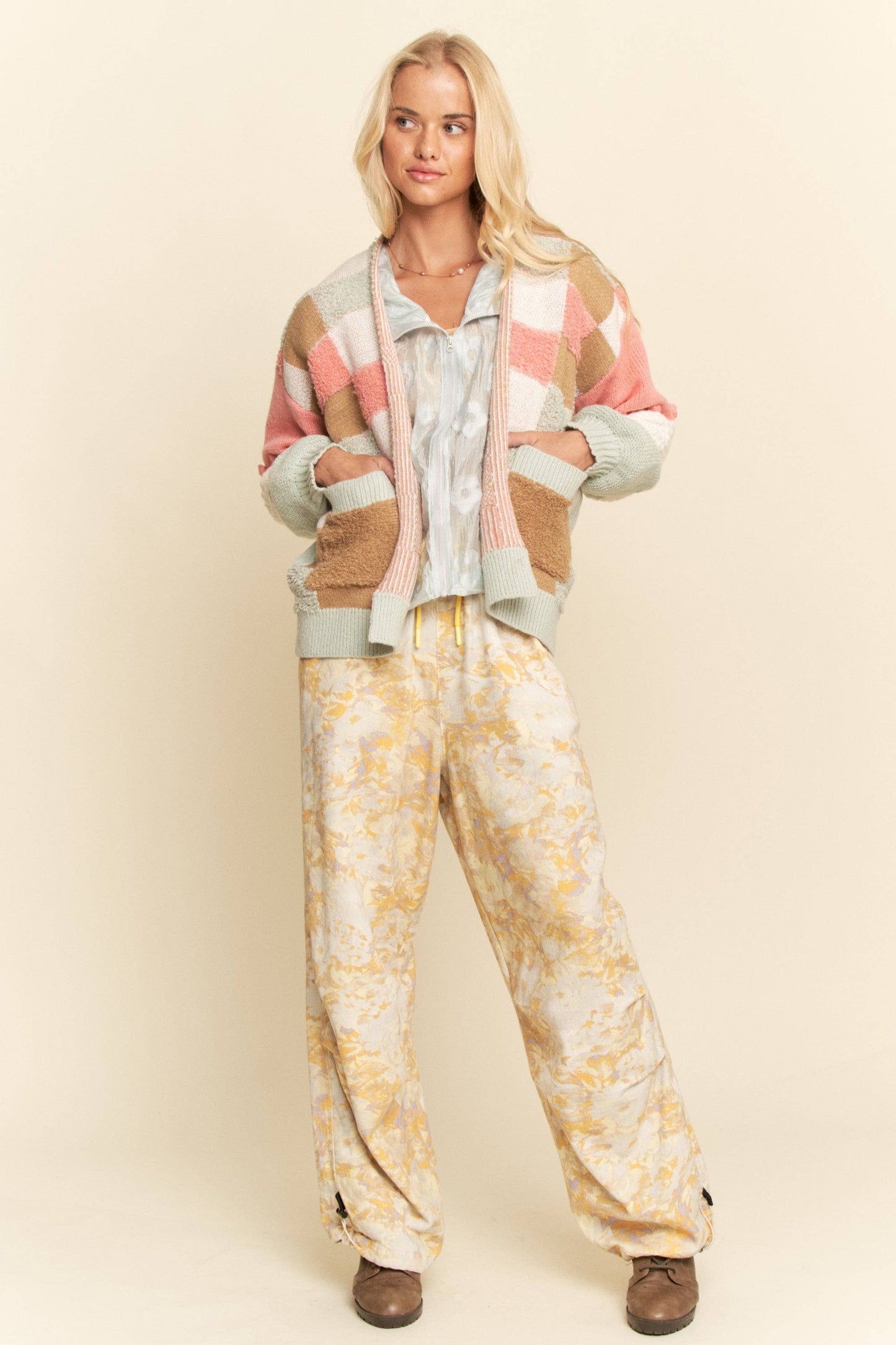 Checkered Patchwork Textured Knit Cardigan