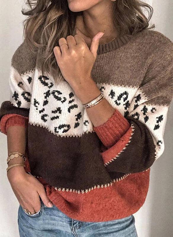 Leopard Print Patchwork Knit Pullover