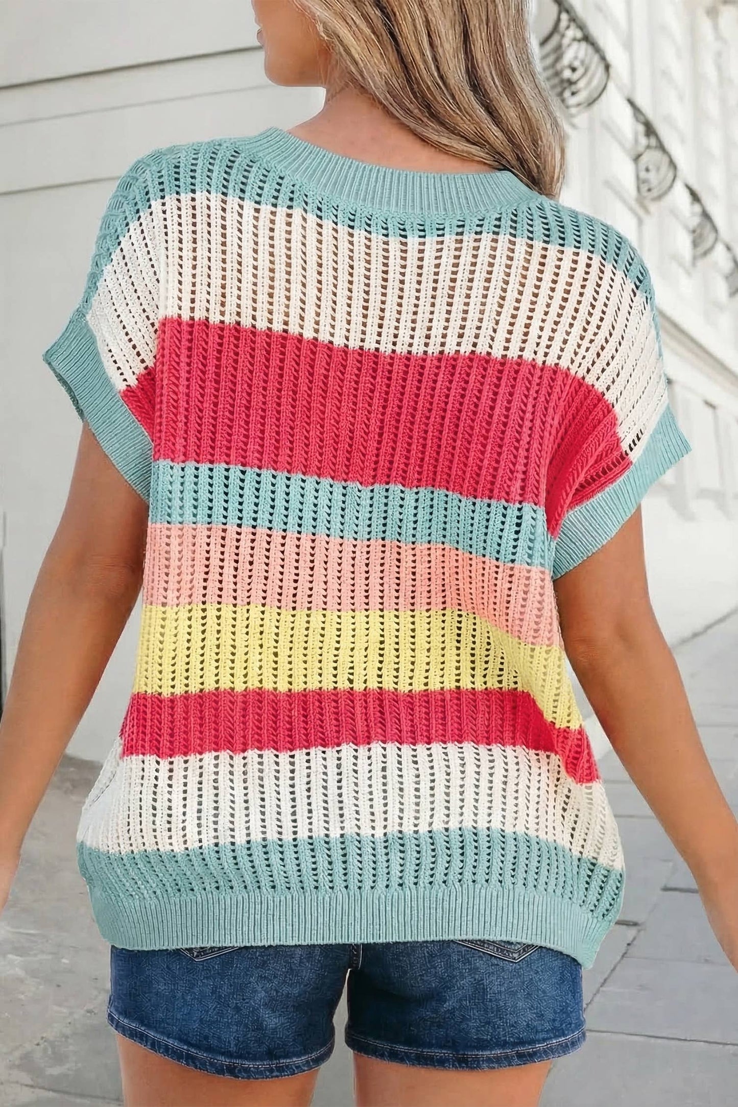 Colorblock Knit Short Sleeve Sweater