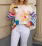 Floral Crewneck Sweater with Striped Sleeves