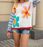 Floral Crewneck Sweater with Striped Sleeves