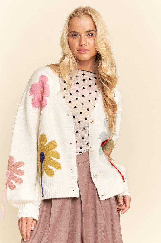 3D Flower Button-Front Knit Cardigan