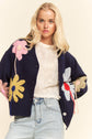3D Flower Button-Front Knit Cardigan
