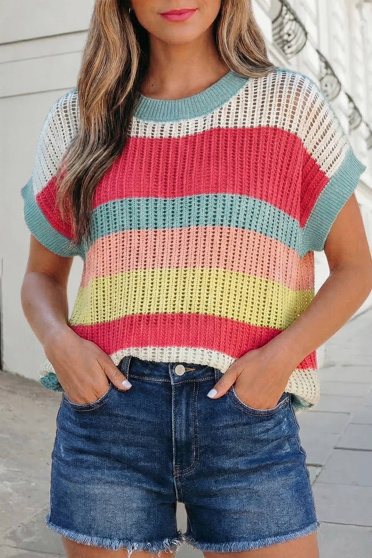 Colorblock Knit Short Sleeve Sweater