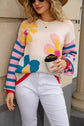 Floral Crewneck Sweater with Striped Sleeves