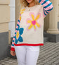 Floral Crewneck Sweater with Striped Sleeves